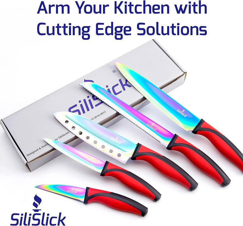 Titanium Coated Rainbow Knife Set - Sharp Stainless Steel Knives Set with Kitchen Utility Knife, Santoku, Bread, Chef, & Paring Knives with Covers - Iridescent Kitchen Accessories - Silislick Home & Garden > Kitchen & Dining > Kitchen Tools & Utensils > Kitchen Knives SiliSlick   