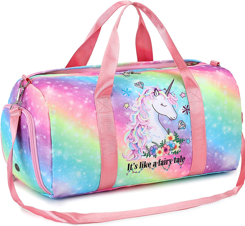 Duffle Bag for Girls Kids Gym Bag Women Workout Sports Travel Bag Weekender Overnight Bag with Shoe Compartment and Wet Pocket Home & Garden > Household Supplies > Storage & Organization BTOOP Fairy tale Unicorn  
