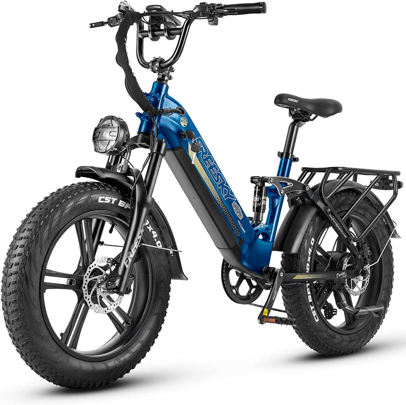 FREESKY Step-Thru Electric Bike for Adults 750W High-Speed Motor 48V 15Ah Samsung Cell Battery, 20" Fat Tires Ebike 25/28MPH Electric Commuter/Mountain Bike, Full Suspension Ebike UL Certified Sporting Goods > Outdoor Recreation > Cycling > Bicycles FREESky A320-Blue Step-thru Ebike 