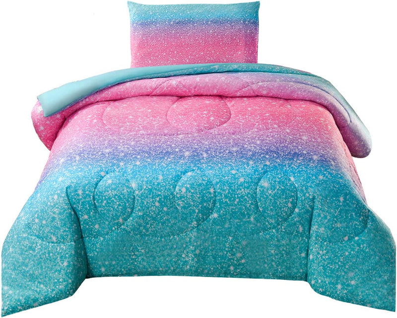 Jqinhome Twin Glitter Comforter Sets for Girls , 3D Colorful Duvet Pink Rainbow Themed Bedding, All-Season Reversible Quilted Duvet, for Girls Teen Women - Includes 1 Comforter, 1 Pillowcase Home & Garden > Linens & Bedding > Bedding JQinHome Pink Blue Twin(2pc) 