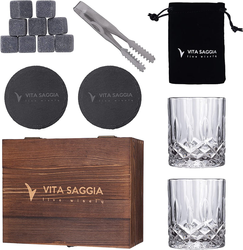 Luxury Whiskey Glass Set of 2, Gift Set in Wooden Box, Includes 8 Whiskey Ice Stones, Velvet Bag and Stainless Steel Tongs. Great Gift for Men, Dad, Christmas. (10 Oz Glass W/ Coasters) Home & Garden > Kitchen & Dining > Barware Vita Saggia   