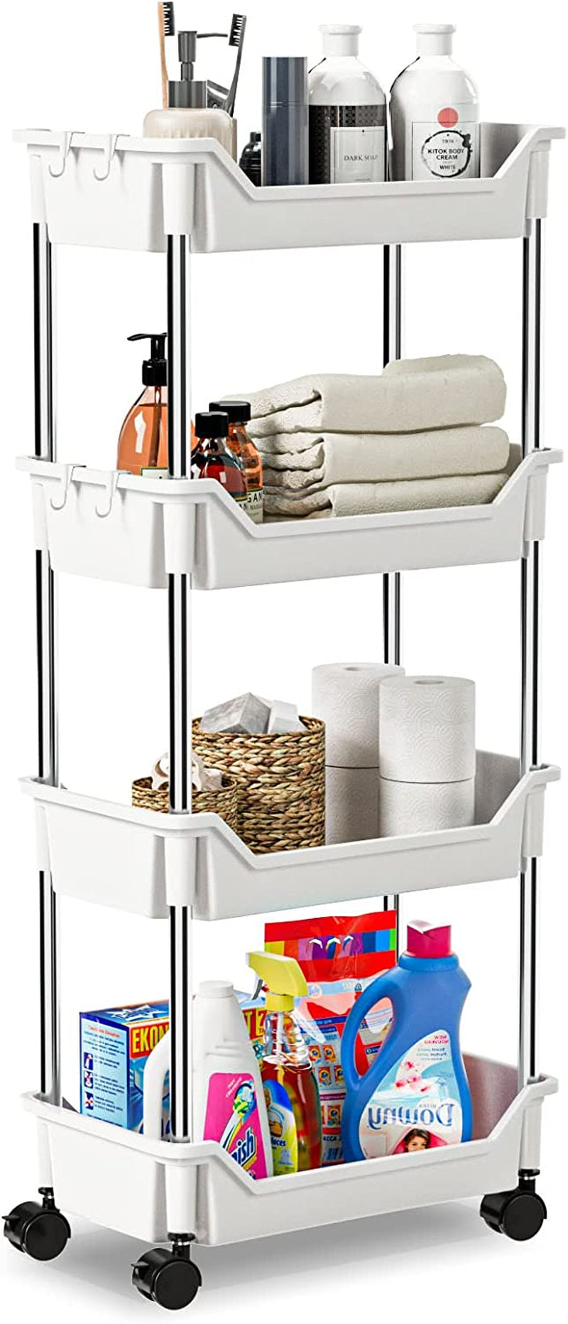 OTK Slim Storage Cart 3 Tier Mobile Shelving Unit Organizer, Utility Rolling Shelf Cart with Wheels for Bathroom Kitchen Bedroom Office Laundry Narrow Places，White Home & Garden > Household Supplies > Storage & Organization OTK 4-Tier-White Wide Plus 
