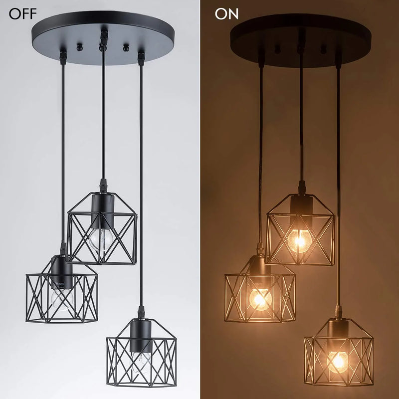 VILUXY Industrial 3-Light Pendant Lighting, with Black Metal Cage Shade, Adjustable Pendant Light for Kitchen Living Room Bedroom Hallway or Bar