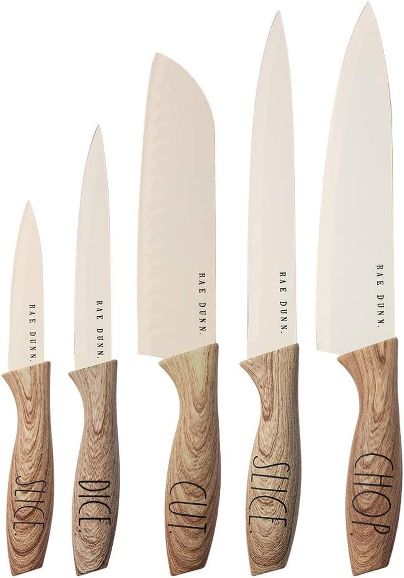 Rae Dunn Everyday Collection Set of 5 Stainless Steel Knives with Sheaths- Chef, Paring, Bread, Santoku Knives- (Black) Home & Garden > Kitchen & Dining > Kitchen Tools & Utensils > Kitchen Knives Enchante Direct White  