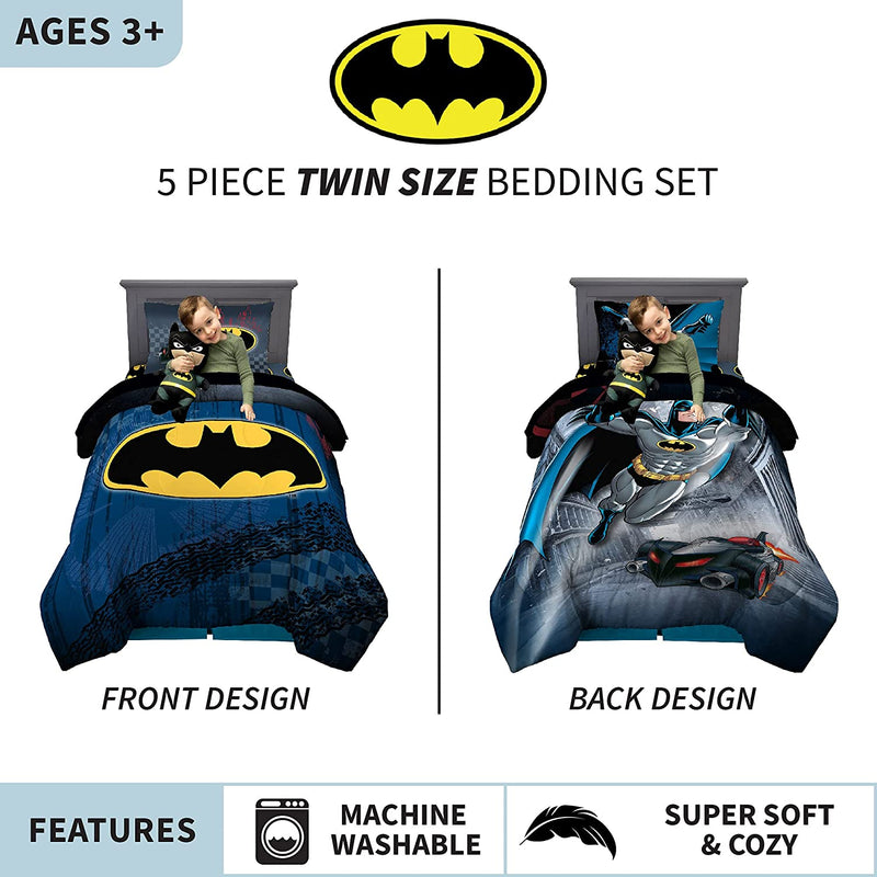 Franco Kids Bedding Comforter with Sheets and Cuddle Pillow Bedroom Set, (5 Piece) Twin Size, Batman Home & Garden > Linens & Bedding > Bedding Franco   