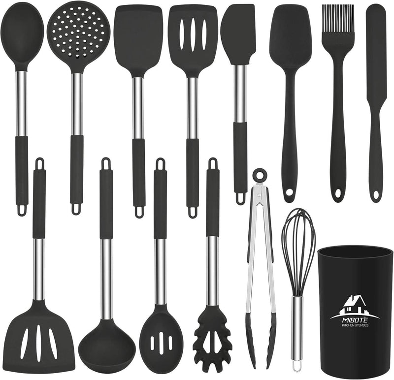 MIBOTE 15 Pcs Silicone Kitchen Utensils Set, Cooking Utensils Set with Heat Resistant Bpa-Free Silicone and Stainless Steel Handle Kitchen Tools Set (Black) Home & Garden > Kitchen & Dining > Kitchen Tools & Utensils MIBOTE 2-Black  
