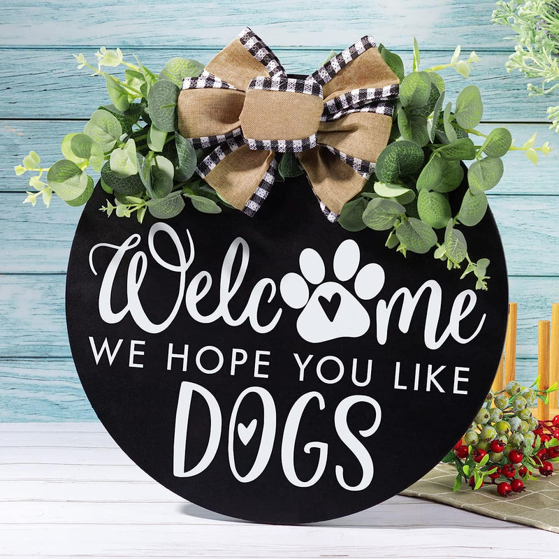 Welcome We Hope You like Dogs Farmhouse Door Sign for Front Door Porch Decor with Eucalyptus Leaves & Buffalo Bow - Welcome Wreath Sign Hanging for Dogs Lovers Christmas Decoration Housewarming Gift Home & Garden > Decor > Seasonal & Holiday Decorations Asoulin   