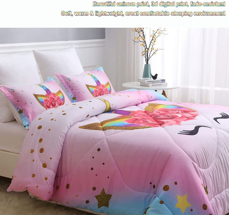 SIRDO Girls Unicorn Bedding Set 3 Piece Rainbow Comforter Set for Teen Girls Adults with Sparkle Stars Soft Bedding Sets Machine Washable, Pink, Twin Home & Garden > Linens & Bedding > Bedding SIRDO   