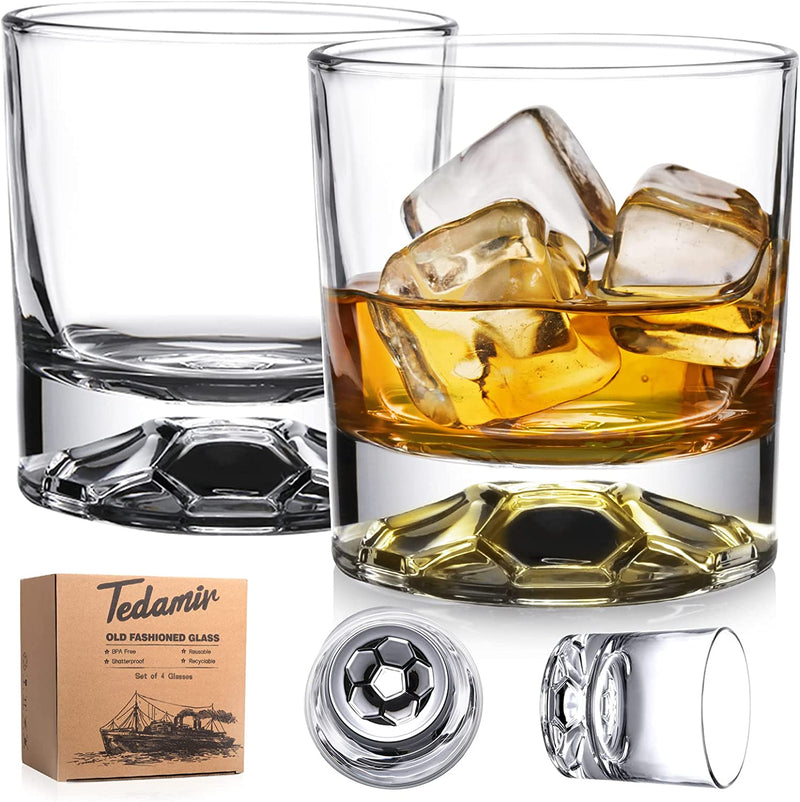 Set of 4 Whiskey Glass with Gift Box, 10 Oz Classic Rocks Barware Old Fashioned Glasses for Scotch Cocktail Whisky Rum Cognac Vodka Liquor Home & Garden > Kitchen & Dining > Barware Tedamir Carved Soccer Pattern  