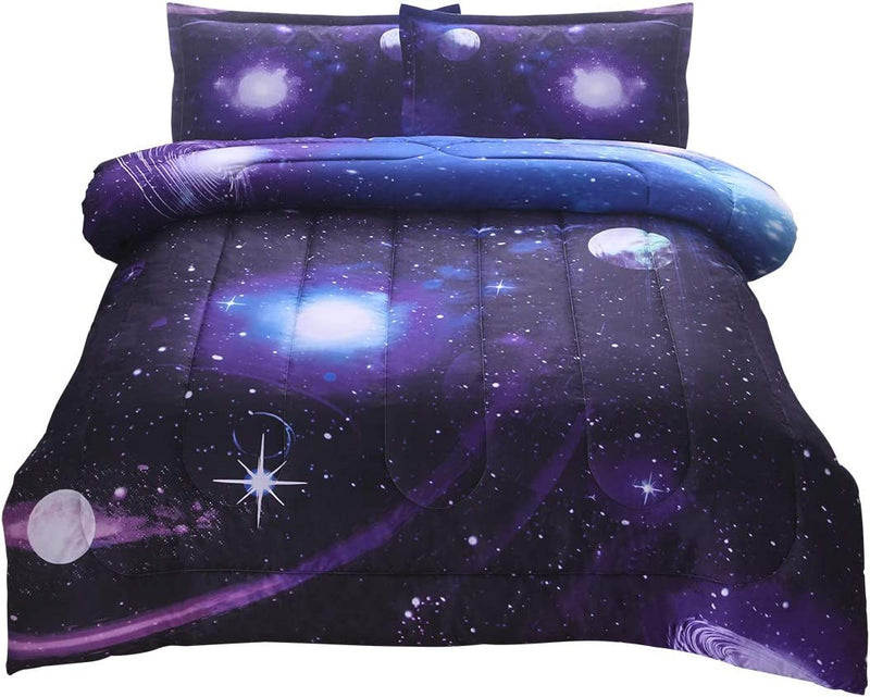 Jqinhome Twin Galaxy Comforter Sets 5 Piece Bed in a Bag, Outer Space Themed Bedding for Children Boy Girl Teen Kids - (1 Comforter, 1 Flat Sheet, 1 Fitted Sheet, 1 Pillowsham, 1 Cushion Cover) Home & Garden > Linens & Bedding > Bedding JQinHome Purple Full(3pc) 