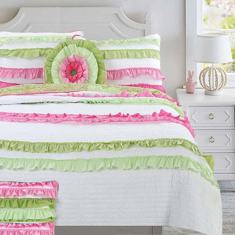 Cozy Line Home Fashions Pink Green Chic Ruffles Girl 100% Cotton Reversible Quilt Bedding Set, Coverlet, Bedspreads (Twin - 2 Piece: 1 Quilt + 1 Sham) Home & Garden > Linens & Bedding > Bedding Cozy Line Home Fashions Charlotte Queen 