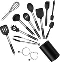 Silicone Cooking Utensils Set, E-Far 14-Piece Black Kitchen Utensils Set with Holder, Kitchen Tools Spatulas with Stainless Steel Handle for Non-Stick Cookware, Heat Resistant & Dishwasher Safe Home & Garden > Kitchen & Dining > Kitchen Tools & Utensils E-far Black 14 