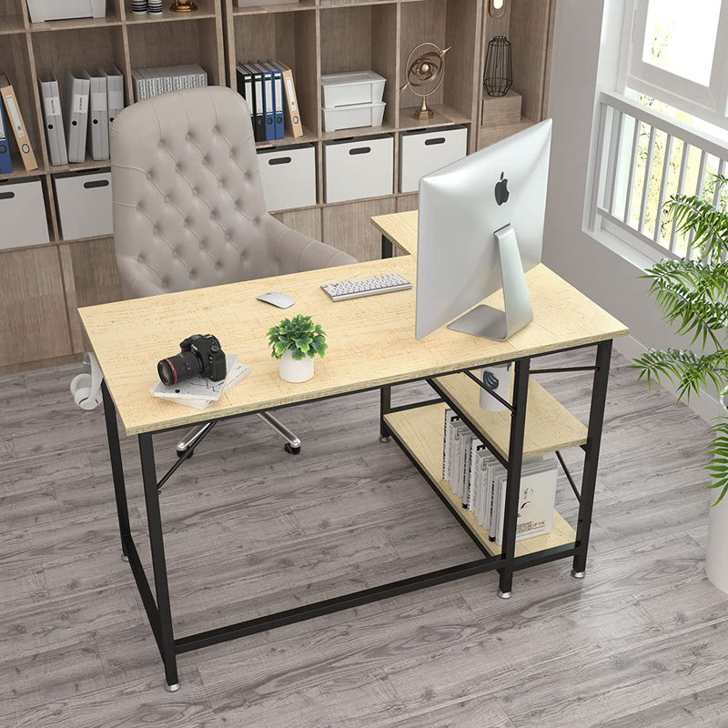 Sunyesyo L Shaped Computer Desk 47 in - Small Office Home Gaming Desk with Storage Shelves - Study Writing Corner Table, Reversible Sturdy Workstation, Work PC Desk, Beige Oak Home & Garden > Household Supplies > Storage & Organization SunyesYo   