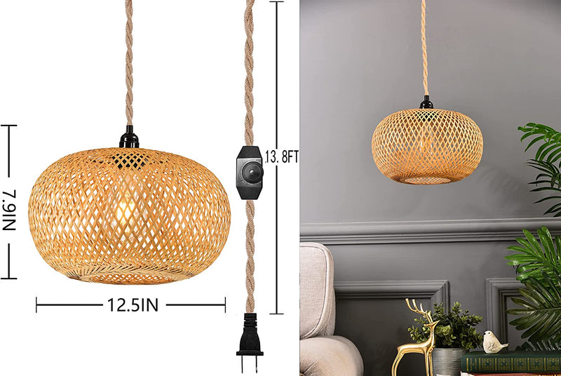ZECOXOL Plug in Pendant Light Rattan Hanging Lights with Plug in Cord，Dimmable Switch,Hanging Lamp with Bamboo Woven Wicker Lamp Shade,Boho Plug in Ceiling Light Fixtures for Kitchen,Bedroom
