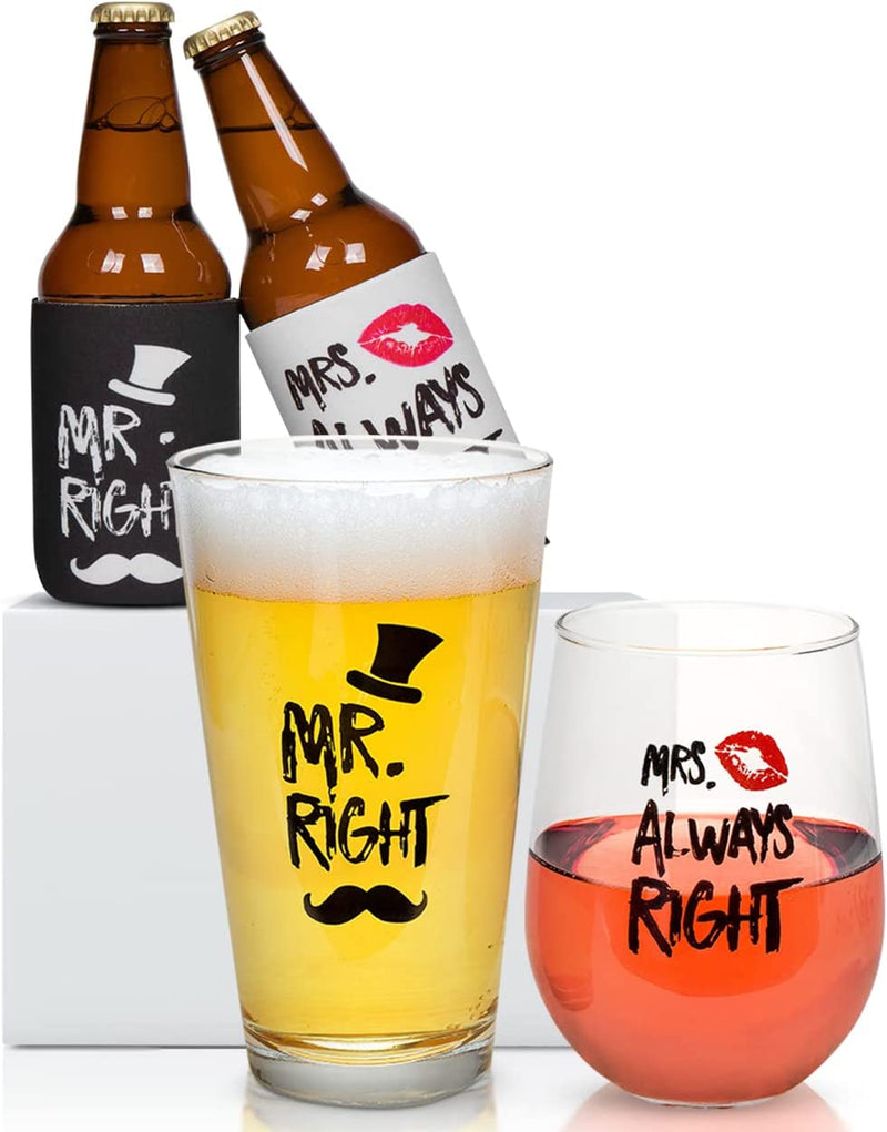 Cute Wedding Gifts - Bride and Groom Novelty Wine Glass and Beer Glass Combo - Engagement Gift for Couples