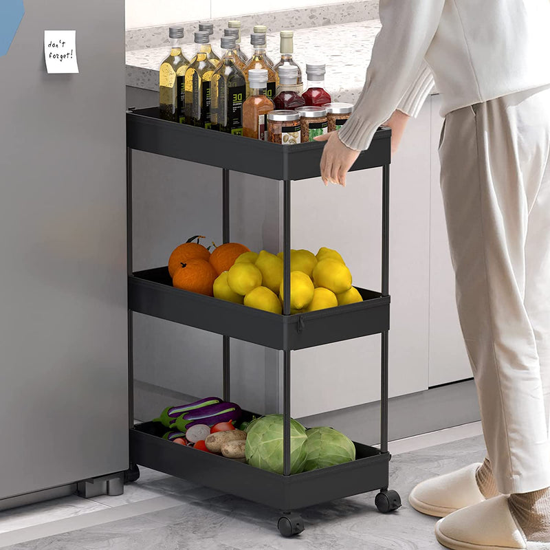 SPACELEAD 3 Tier Rolling Cart with Wheels, Storage Craft Art Cart Trolley Organizer Serving Cart, 3 Hanging Baskets Easy Assembly, for Office, Living Room, Kitchen, Black
