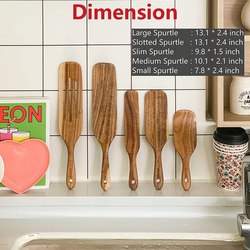 SAMTORI Wooden Cooking Spoons Spurtles Kitchen Tools as Seen on TV Premium Teak Wooden Spurdle. (5Pcs)