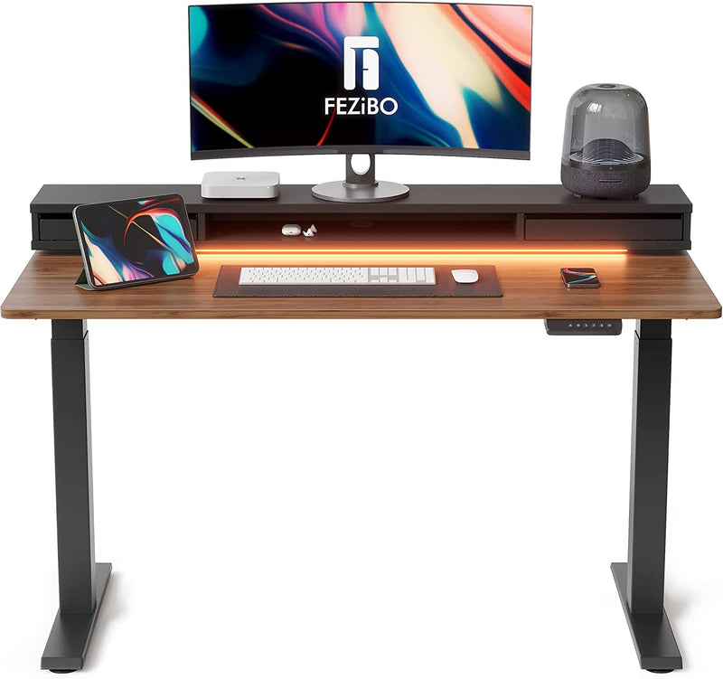 FEZIBO 55 × 26 Inch Electric Standing Desk with Monitor Stand, Height Adjustable Table with LED Strips, Ergonomic Home Office Furniture with 2 Drawers Storage Gaming Workstation, Black Carbon Fiber Home & Garden > Household Supplies > Storage & Organization FEZIBO Black/Walnut 55*24 Inch 
