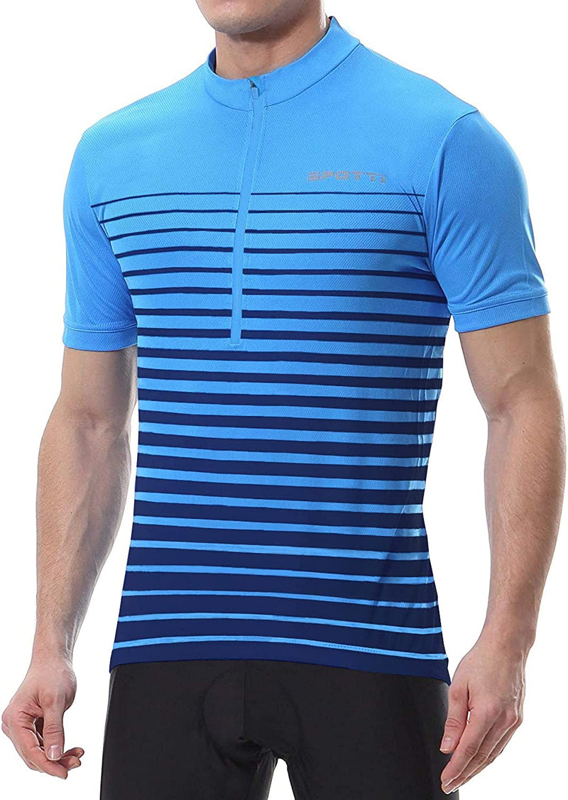 Spotti Men'S Cycling Bike Jersey Short Sleeve with 3 Rear Pockets- Moisture Wicking, Breathable, Quick Dry Biking Shirt Sporting Goods > Outdoor Recreation > Cycling > Cycling Apparel & Accessories Spotti Blue Stripe Medium 