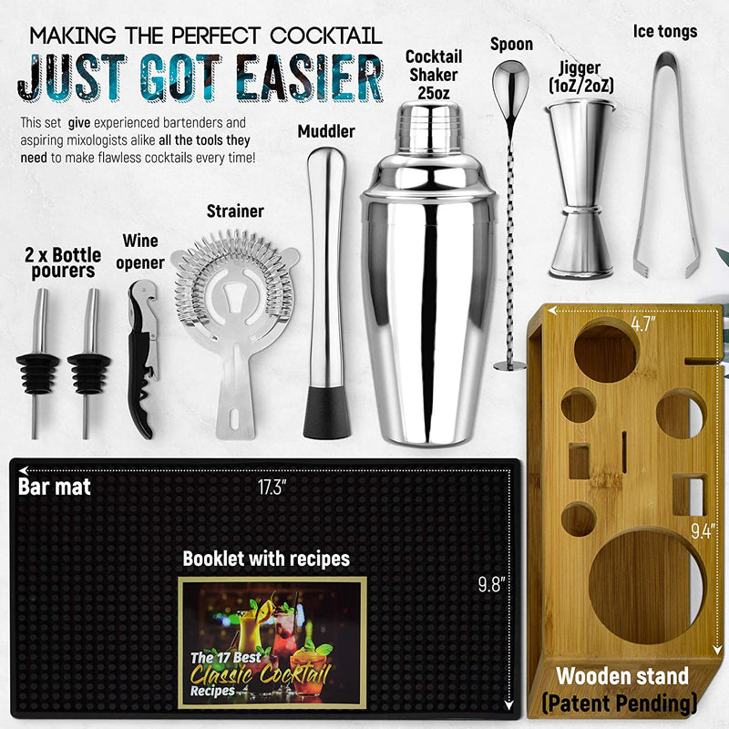 Cocktail Shaker Set Bartender Kit with Stand and Bar Mat | Essential Bar Accessories and Barware for the Home Bar Kit I Mixology Bartending Kit and Drink Mixing Tools Home & Garden > Kitchen & Dining > Barware ecoZen Lifestyle   