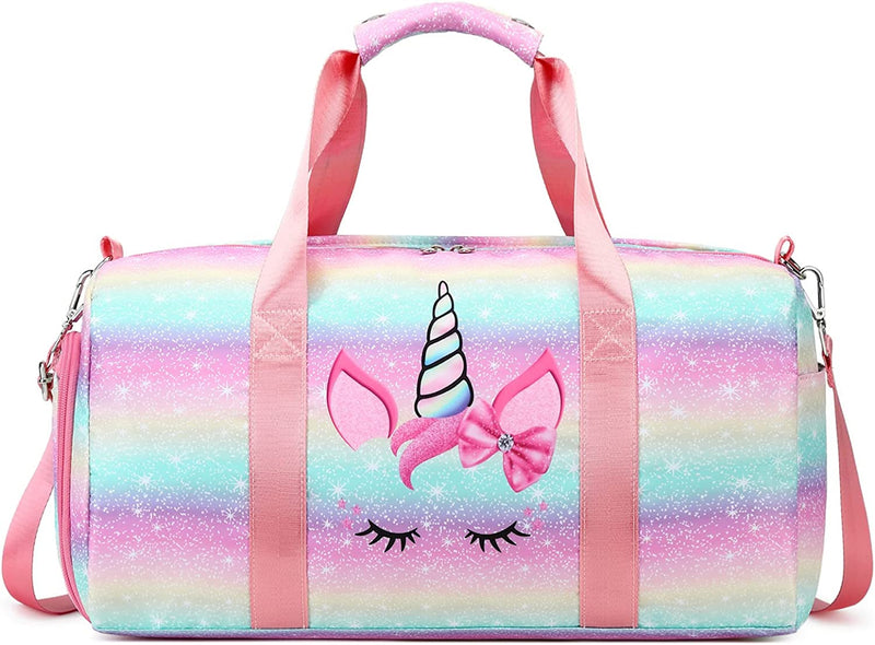 Girls Dance Duffle Bag，Gymnastics Sports Bag for Girls, Kids Small Overnight Weekender Carry on Travel Bag with Shoe Compartment and Wet Pocket Panda Home & Garden > Household Supplies > Storage & Organization Octsky 01-Rainbow Unicorn  