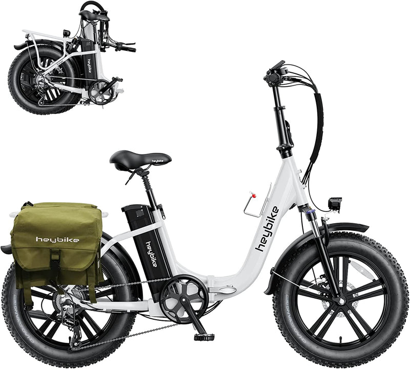 Heybike Ranger Electric Bike for Adults Foldable 20" X 4.0 Fat Tire Step-Thru Electric Bicycle with 500W Motor, 48V 15AH Removable Batteryand Dual Shock Absorber Sporting Goods > Outdoor Recreation > Cycling > Bicycles Heybike White ‎ranger White -Green Saddlebag 