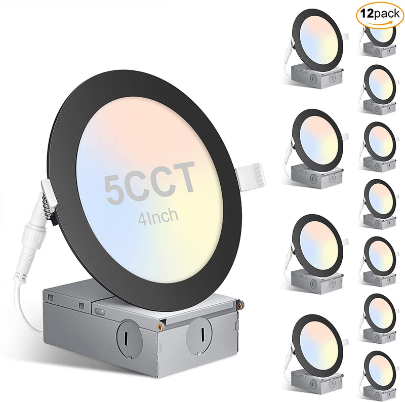 12 Pack 4 Inch 5CCT LED Recessed Ceiling Light with Junction Box, 2700K/3000K/4000K/5000K/6000K Selectable, 9W=110W, Dimmable Recessed Lighting, 700LM High Brightness Ultra Thin Downlight - ETL Home & Garden > Lighting > Flood & Spot Lights xuezhiguang 12p4in-black 4INCH 