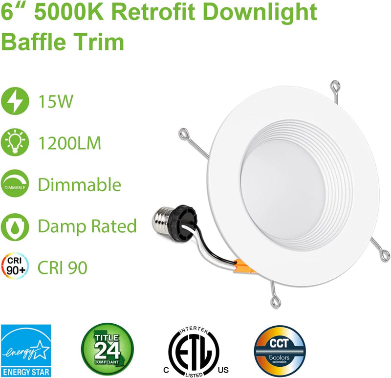 12 Pack 5/6 Inch LED Recessed Lighting, Baffle Trim, CRI90, 15W=100W, 1100Lm, 5000K Daylight White, Dimmable Recessed Lighting, Damp Rated LED Recessed Downlight, ETL Listed Home & Garden > Lighting > Flood & Spot Lights hykolity   
