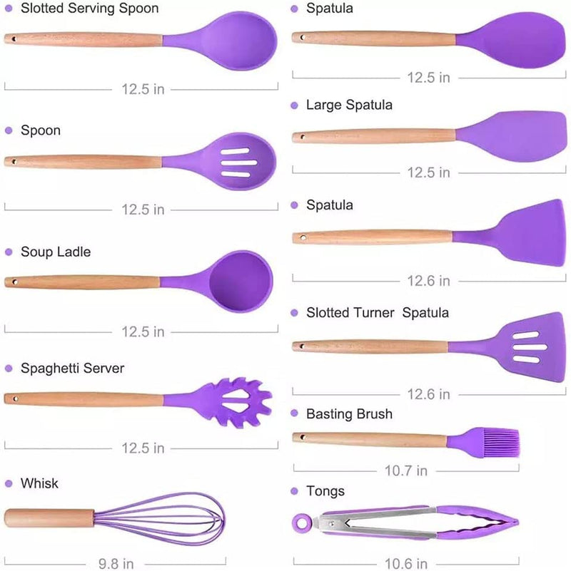 Karangred 12Pcs Silicone Cooking Kitchen Utensils Set with Holder,Wooden Handles Cooking Tool,Bpa Free,Non Toxic Turner Tongs Spatula Spoon Kitchen Gadgets Set for Nonstick Cookware (Purple) Home & Garden > Kitchen & Dining > Kitchen Tools & Utensils Karangred   