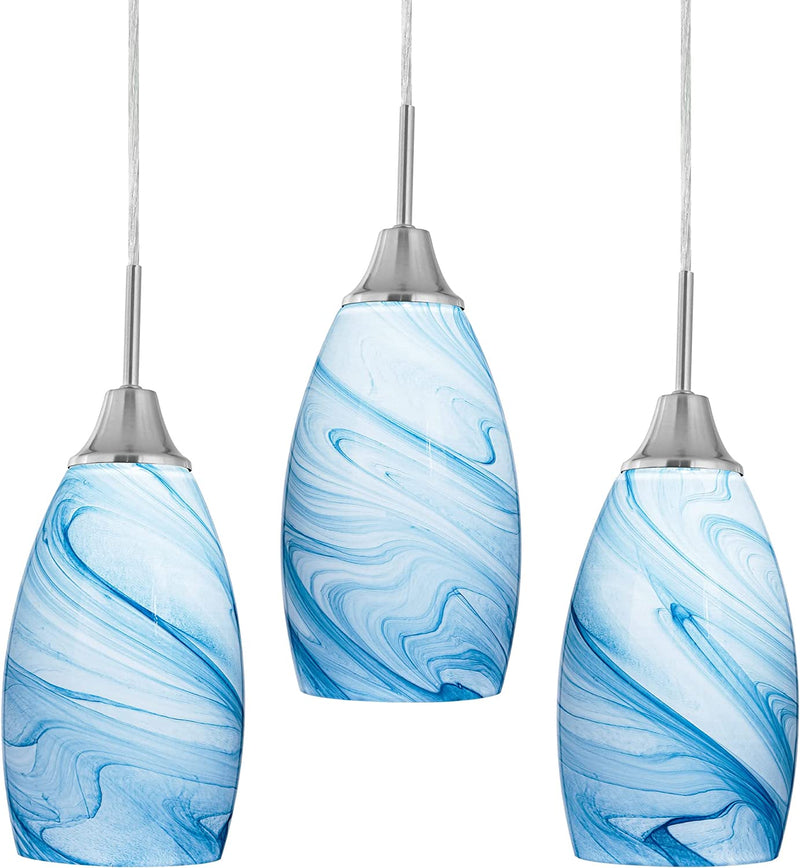 Mini Glass Pendant Light with Handblown Blue Marble Art Glass Shade Adjustable Cord Modern Oval Lamp Ceiling Pendant Light Fixture for Dining Room, Kitchen,Foyer, Hallway, Brushed Nickel Finish Home & Garden > Lighting > Lighting Fixtures Viinew Blue  