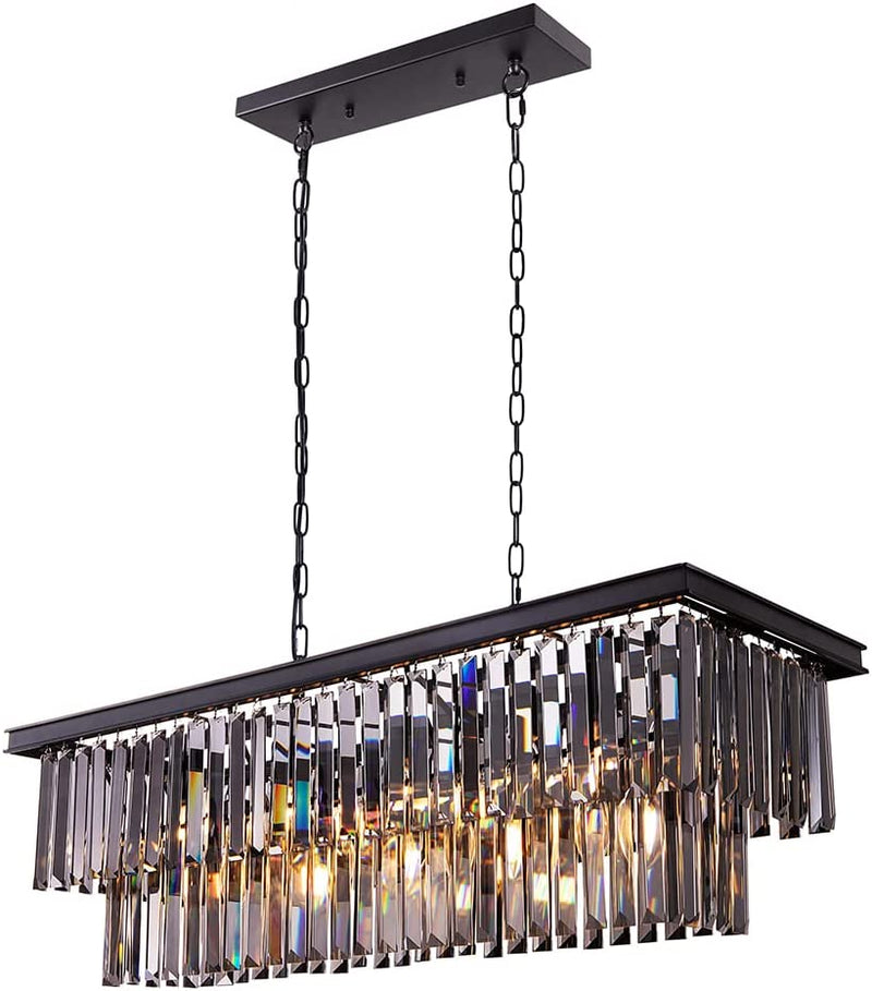 Wellmet Black Crystal Chandelier, 9-Light Modern Farmhouse Chandeliers Dining Room Lighting Fixture, Adjustable Rectangle Hanging Ceiling Light for Living Room,Pool Table Light, Kitchen Island Home & Garden > Lighting > Lighting Fixtures > Chandeliers Wellmet Smoke Grey 34.5 inches 
