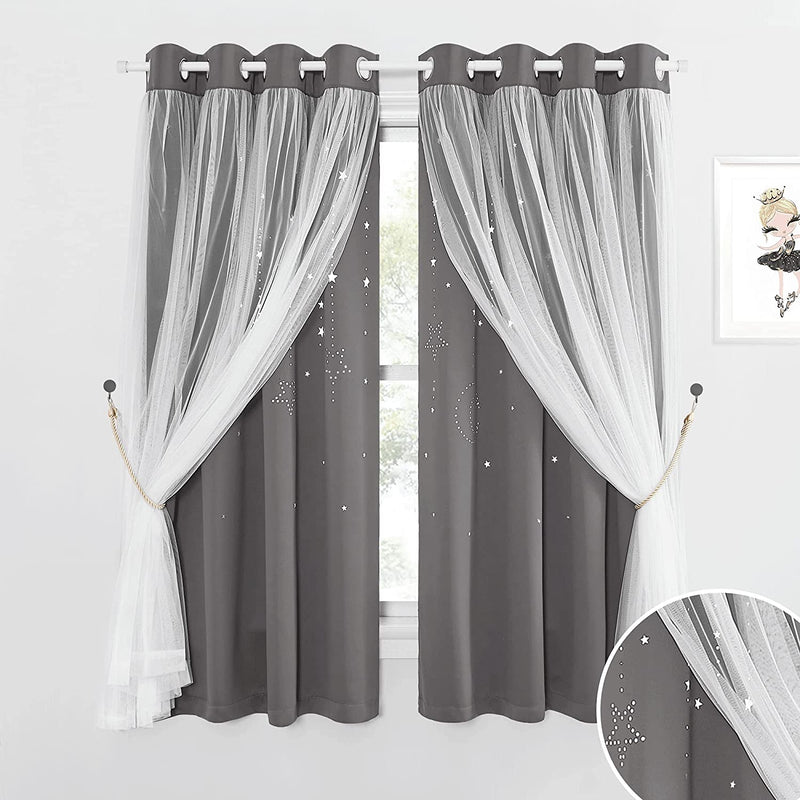 NICETOWN Stars and Moon Hollow-Out Blackout Curtains for Kids Room / Nursery, Grommet Top 2 Layer Window Treatment Curtain Panels for Living Room / Thanksgiving (2-Pack, W52 X L84 Inches, Navy Blue) Home & Garden > Decor > Window Treatments > Curtains & Drapes NICETOWN Grey W52 x L63 