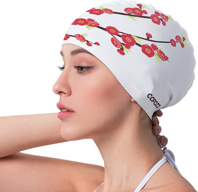 COPOZZ Adult Swim Caps, Silicone Waterproof Comfy Bathing Cap Swimming Hat for Long and Short Hair Sporting Goods > Outdoor Recreation > Boating & Water Sports > Swimming > Swim Caps COPOZZ Plum Blossom-12yrs  