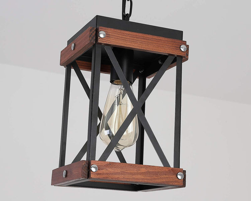 Fivess Lighting Rustic Farmhouse Pendant Light with Wood and Metal Cage, One-Light Adjustable Chains Industrial Mini Pendant Lighting Fixture for Kitchen Island Cafe Bar, Black