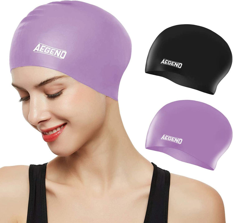 Aegend Swim Caps for Long Hair (2 Pack), Durable Silicone Swimming Caps for Women Men Adults Youths Kids, Easy to Put on and Off, 4 Colors Sporting Goods > Outdoor Recreation > Boating & Water Sports > Swimming > Swim Caps Aegend Black Purple  