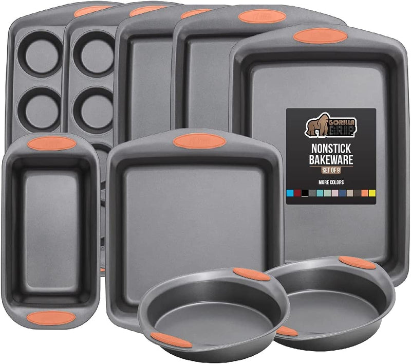 Gorilla Grip Nonstick, Heavy Duty, Carbon Steel Bakeware Sets, 4 Piece Kitchen Baking Set, Rust Resistant, Silicone Handles, 2 Large Cookie Sheets, 1 Roasting Pan and 1 Bread Loaf Pan, Turquoise Home & Garden > Kitchen & Dining > Cookware & Bakeware Hills Point Industries, LLC Orange Bakeware Sets Set of 9