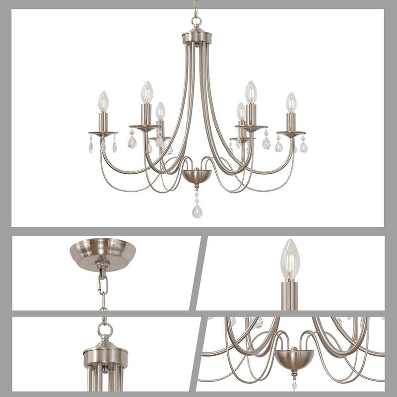 Lucidce Crystal Chandeliers 6 Lights Brushed Nickel Modern Farmhouse Pendant Lighting Fixtures Luxury Ceiling Hanging Lights for Dining Room Living Room Home & Garden > Lighting > Lighting Fixtures > Chandeliers Lucidce Lighting   
