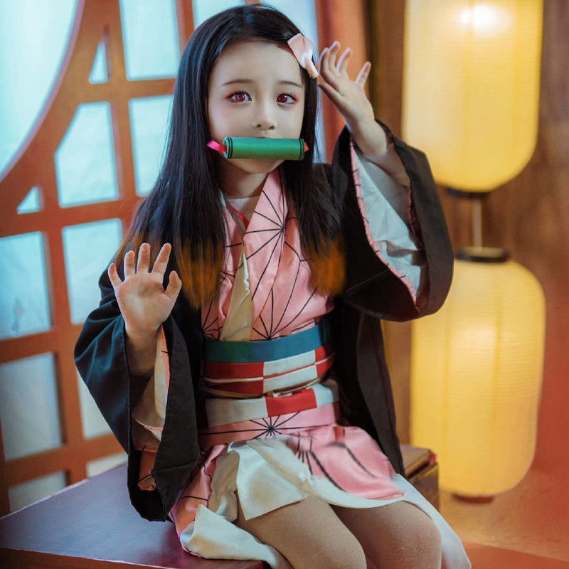 VZQI Halloween Cosplay Costumes Kamado Kids Girls Anime Kimono Hallowee Cloak  VZQI   