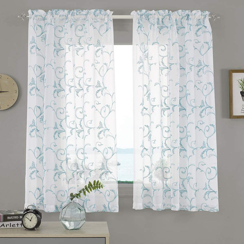 Embroidered Floral Sheer Curtains Beige 63 Inch , Rod Pocket Voile Drapes for Living Room, Bedroom, Vintage Embroidery Semi Crinkle Curtain Panels for Yard, Patio, Villa, Parlor, Set of 2, 52"X 63". Home & Garden > Decor > Window Treatments > Curtains & Drapes MYSTIC-HOME Blue 52"Wx45"L 