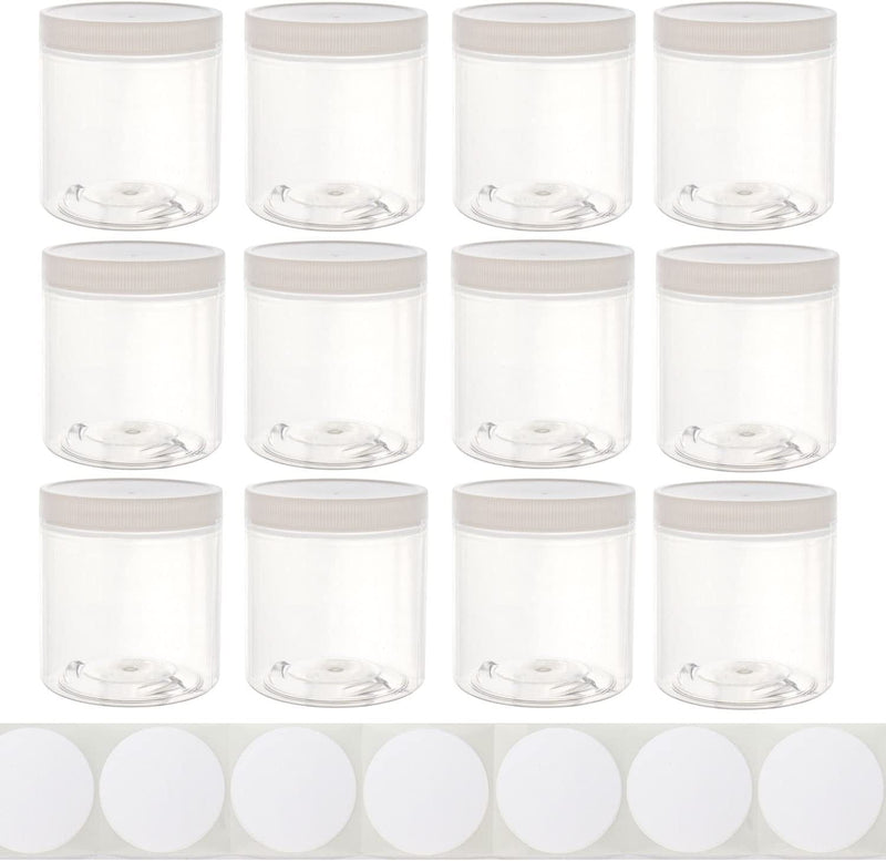 8Oz Plastic Wide-Mouth Storage Jars (12 Pack) with Labels - Large Straight-Sided Clear Empty Refillable Food-Grade Bpa-Free PET Containers with White Screw-On Lids - 70Mm 70-400 70/400 Home & Garden > Decor > Decorative Jars Chica and Jo   