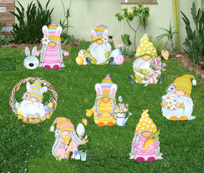 8PCS Easter Gnomes Garden Yard Signs with Stakes Outdoor Decorations for Patio Lawn Outdoors