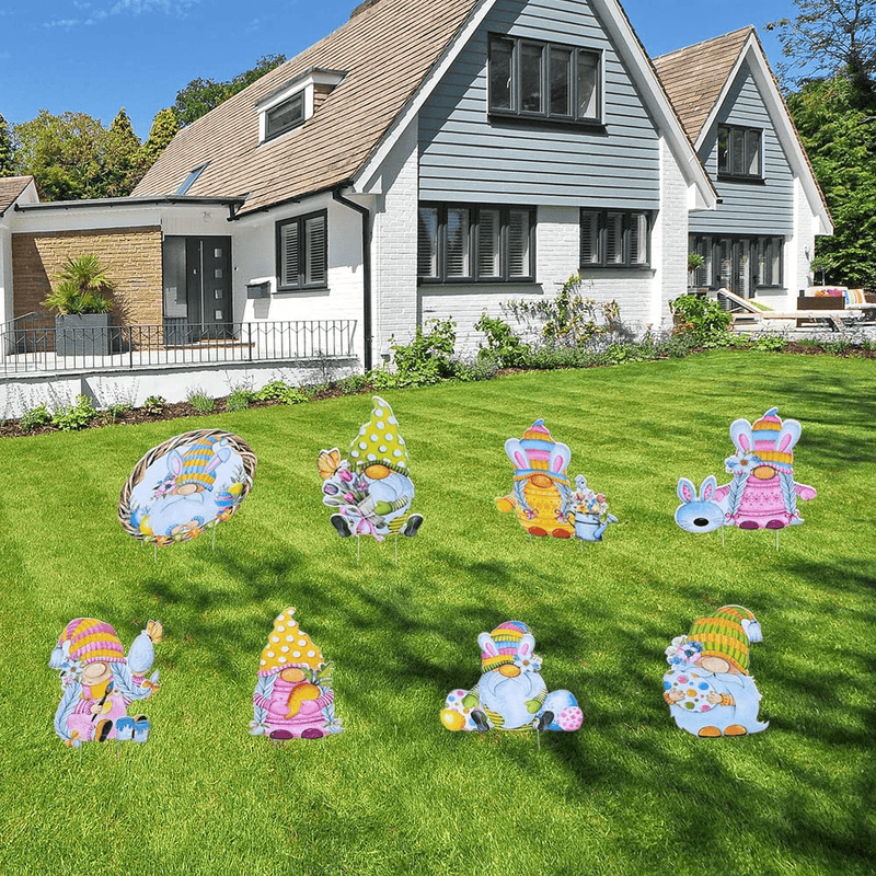 8PCS Easter Gnomes Garden Yard Signs with Stakes Outdoor Decorations for Patio Lawn Outdoors