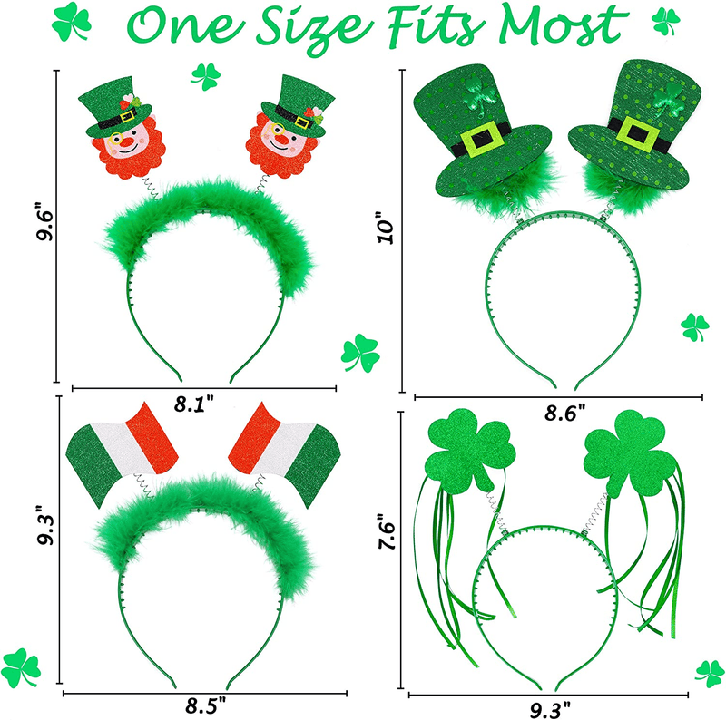 8PCS St. Patrick'S Day Snap-On Headband Green Head Boppers- Shamrock Clover Leprechaun Top Hat Irish Flag- Party Costume Decorations
