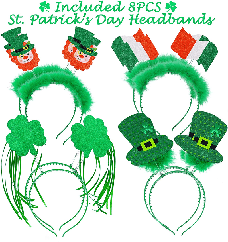 8PCS St. Patrick'S Day Snap-On Headband Green Head Boppers- Shamrock Clover Leprechaun Top Hat Irish Flag- Party Costume Decorations
