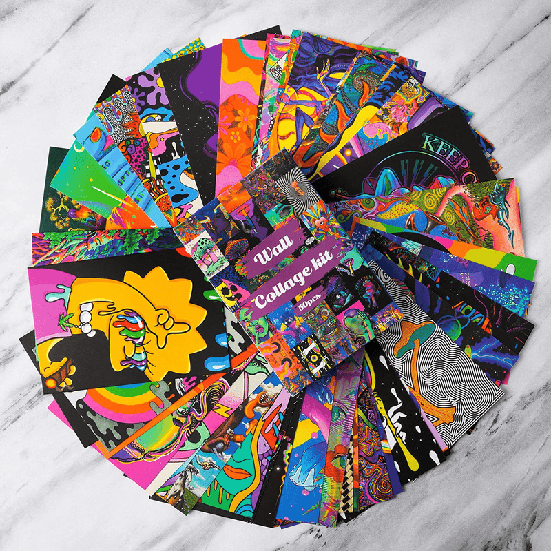 8TEHEVIN 50PCS Hippie Trippy Drippy Aesthetic Pictures Wall Collage Kit, Trendy Small Posters for Dorm, Trippy Wall Art Print for Girls Boys, Aesthetic Photo Collection, Bedroom Decor for Teen Girl Home & Garden > Decor > Artwork > Posters, Prints, & Visual Artwork 8TEHEVIN   