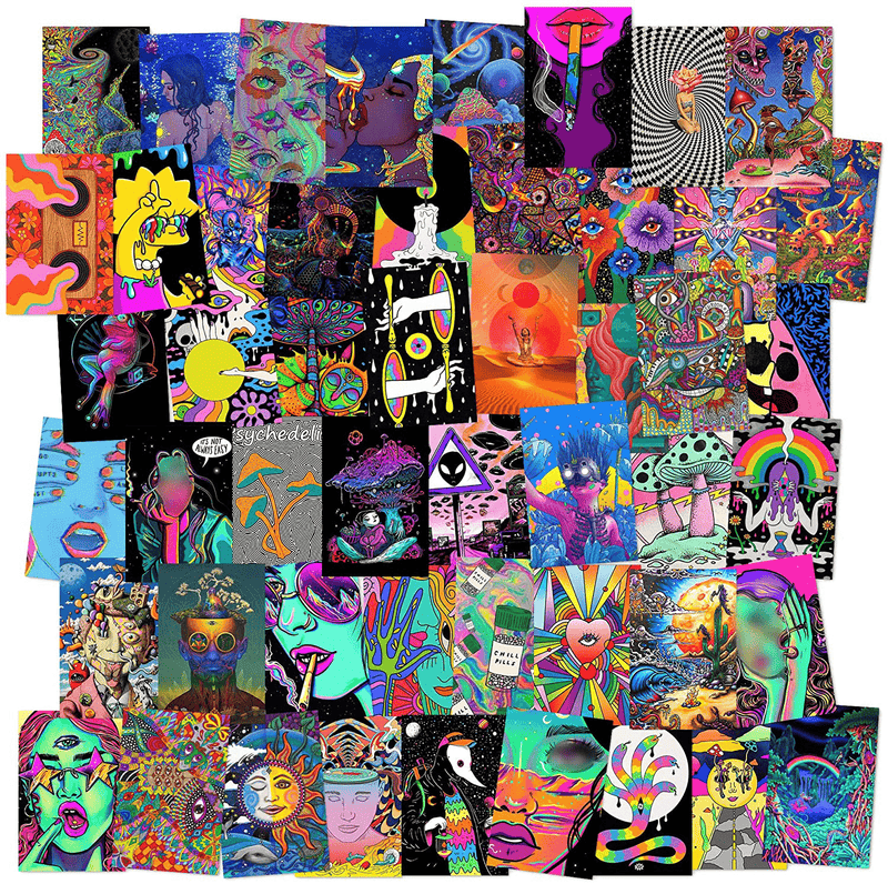 8TEHEVIN 50PCS Hippie Trippy Drippy Aesthetic Pictures Wall Collage Kit, Trendy Small Posters for Dorm, Trippy Wall Art Print for Girls Boys, Aesthetic Photo Collection, Bedroom Decor for Teen Girl Home & Garden > Decor > Artwork > Posters, Prints, & Visual Artwork 8TEHEVIN   