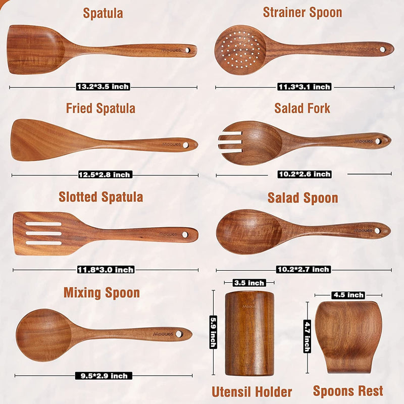 9 PCS Wooden Spoons for Cooking, Wooden Utensils for Cooking with Utensils Holder, Natural Teak Wooden Kitchen Utensils Set with Spoon Rest, Comfort Grip Cooking Utensils Set for Kitchen Home & Garden > Kitchen & Dining > Kitchen Tools & Utensils Mooues   