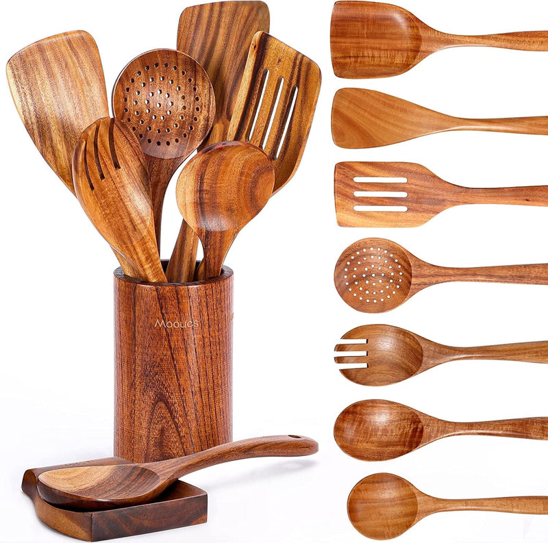 9 PCS Wooden Spoons for Cooking, Wooden Utensils for Cooking with Utensils Holder, Natural Teak Wooden Kitchen Utensils Set with Spoon Rest, Comfort Grip Cooking Utensils Set for Kitchen Home & Garden > Kitchen & Dining > Kitchen Tools & Utensils Mooues   