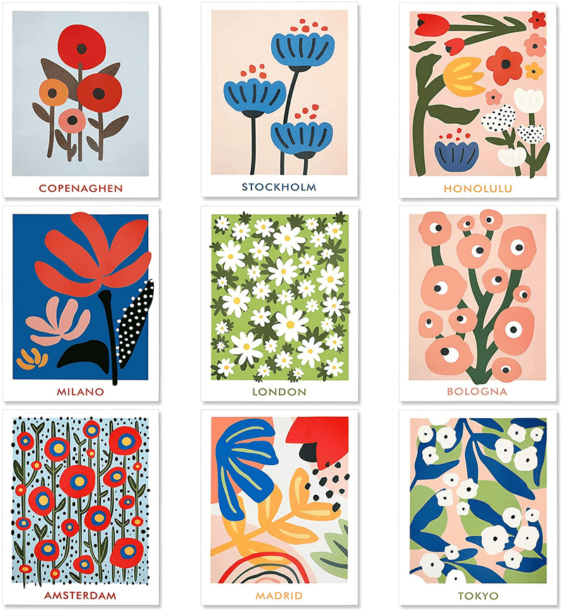 9 Pieces Flower Market Poster Print London Tokyo Copenhagen Flower Wall Art Aesthetic Flower Canvas Poster Unframed Florist Wall Decor Pictures for Wall Living Room Bathroom Decoration 8X10 Inches Home & Garden > Decor > Artwork > Posters, Prints, & Visual Artwork Chinco   