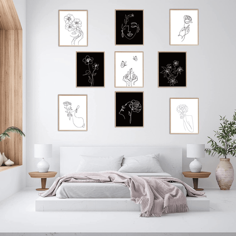 9 Pieces Minimalist Line Art Prints 8 X 10 Inch Abstract Aesthetic Poster Unframed Woman & Flower Feminine Modern Wall Decor, Waterproof Black White Female Face Theme Drawing for Home Home & Garden > Decor > Artwork > Posters, Prints, & Visual Artwork DesertCreations   